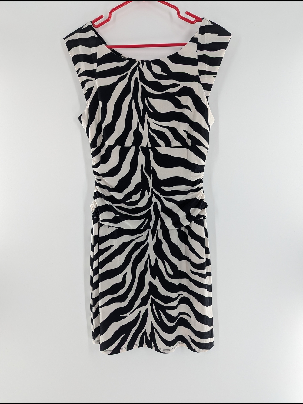 Bisou Bisou Zebra Print Ruched Dress Cocktail Party Medium Black White Sleeveles